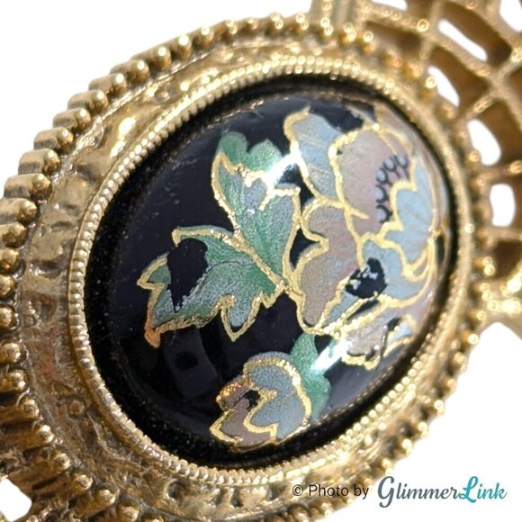 VTG 1928 Company Victorian Style Filigree Bow Floral Cabochon Gold Tone Brooch - Picture 6 of 8